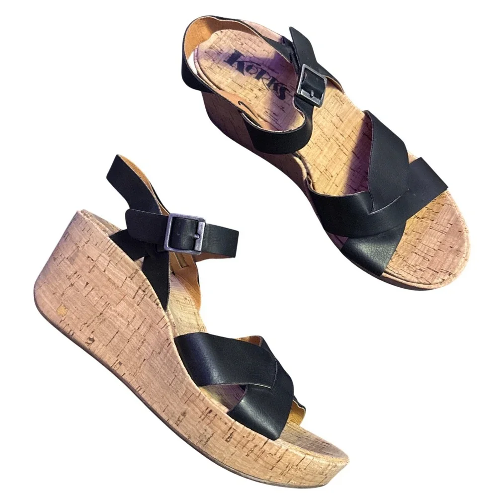 Korks Black Leather Cork Wedge Sandals Size 7M